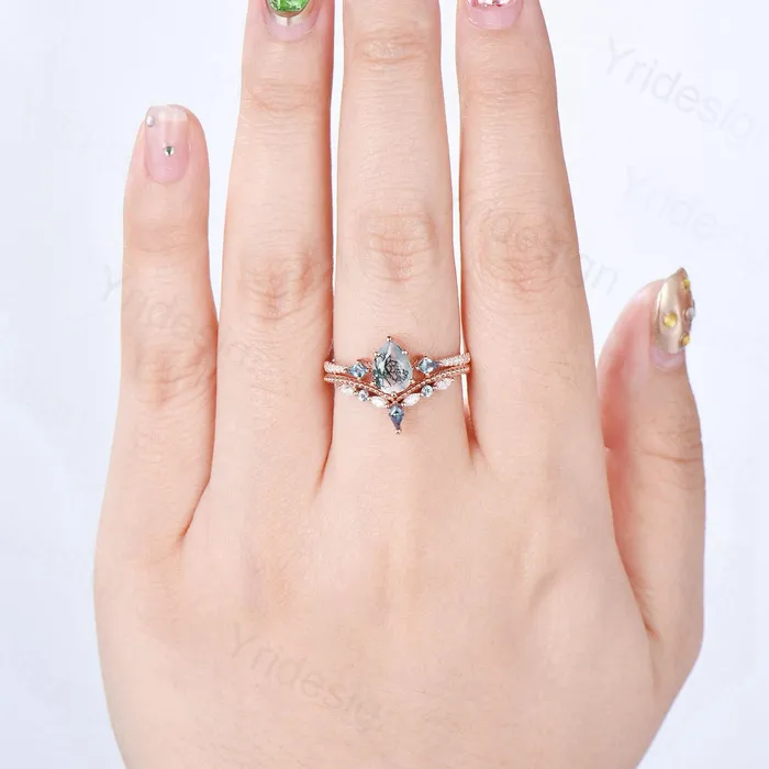 Rings 125 Carat Pear Shaped Natural Green Moss Agate Engagement Ring Set Vintage 14k Rose Gold Milgrain Kite Agate Bridal Ring Set Ring for Women PENFINE Rings 125 Carat Pear Shaped Natural Green Moss Agate Engagement Ring Set Vintage 14k Rose Gold Milgrain Kite Agate Bridal Ring Set Ring for Women PENFINE