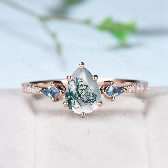 Rings 125 Carat Pear Shaped Natural Green Moss Agate Engagement Ring Set Vintage 14k Rose Gold Milgrain Kite Agate Bridal Ring Set Ring for Women PENFINE Rings 125 Carat Pear Shaped Natural Green Moss Agate Engagement Ring Set Vintage 14k Rose Gold Milgrain Kite Agate Bridal Ring Set Ring for Women PENFINE
