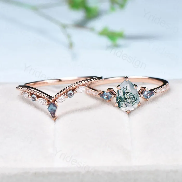 Rings 125 Carat Pear Shaped Natural Green Moss Agate Engagement Ring Set Vintage 14k Rose Gold Milgrain Kite Agate Bridal Ring Set Ring for Women PENFINE Rings 125 Carat Pear Shaped Natural Green Moss Agate Engagement Ring Set Vintage 14k Rose Gold Milgrain Kite Agate Bridal Ring Set Ring for Women PENFINE