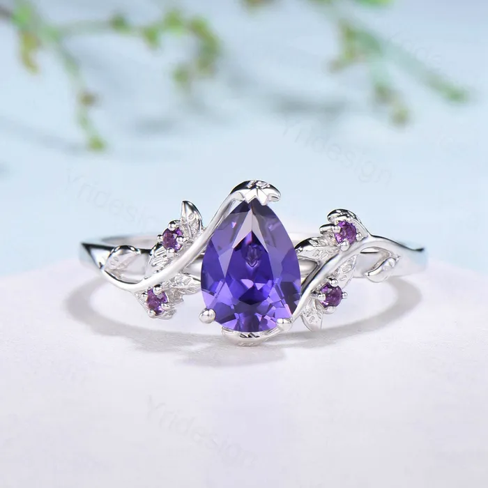 Rings PENFINE Elegant Pear Shaped Purple Sapphire Ring Vintage Unique Twig Engagement Ring Leaf Amethyst Wedding Natural inspired Branch Proposal Gift Rings PENFINE Elegant Pear Shaped Purple Sapphire Ring Vintage Unique Twig Engagement Ring Leaf Amethyst Wedding Natural inspired Branch Proposal Gift