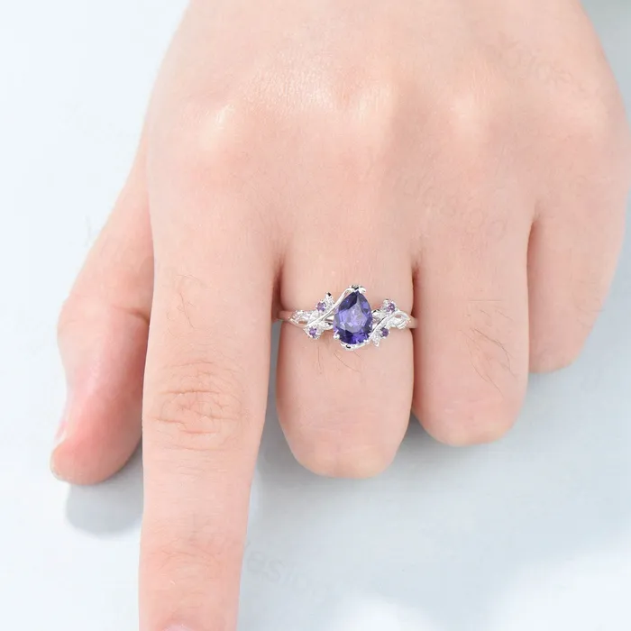 Rings PENFINE Elegant Pear Shaped Purple Sapphire Ring Vintage Unique Twig Engagement Ring Leaf Amethyst Wedding Natural inspired Branch Proposal Gift Rings PENFINE Elegant Pear Shaped Purple Sapphire Ring Vintage Unique Twig Engagement Ring Leaf Amethyst Wedding Natural inspired Branch Proposal Gift