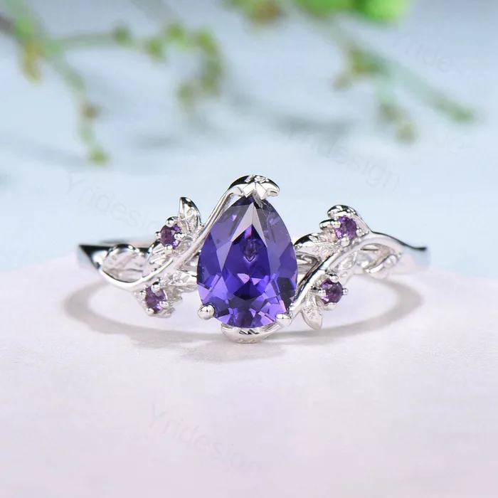 Rings PENFINE Elegant Pear Shaped Purple Sapphire Ring Vintage Unique Twig Engagement Ring Leaf Amethyst Wedding Natural inspired Branch Proposal Gift Rings PENFINE Elegant Pear Shaped Purple Sapphire Ring Vintage Unique Twig Engagement Ring Leaf Amethyst Wedding Natural inspired Branch Proposal Gift