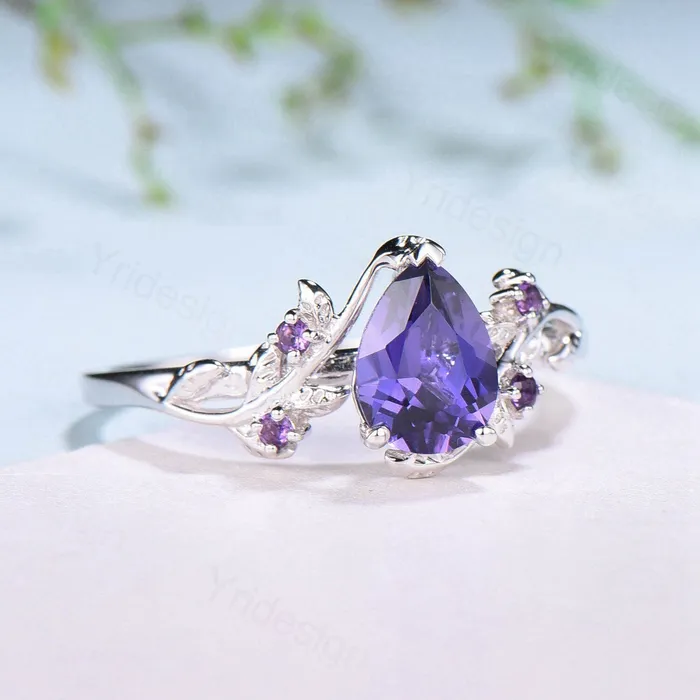 Rings PENFINE Elegant Pear Shaped Purple Sapphire Ring Vintage Unique Twig Engagement Ring Leaf Amethyst Wedding Natural inspired Branch Proposal Gift Rings PENFINE Elegant Pear Shaped Purple Sapphire Ring Vintage Unique Twig Engagement Ring Leaf Amethyst Wedding Natural inspired Branch Proposal Gift