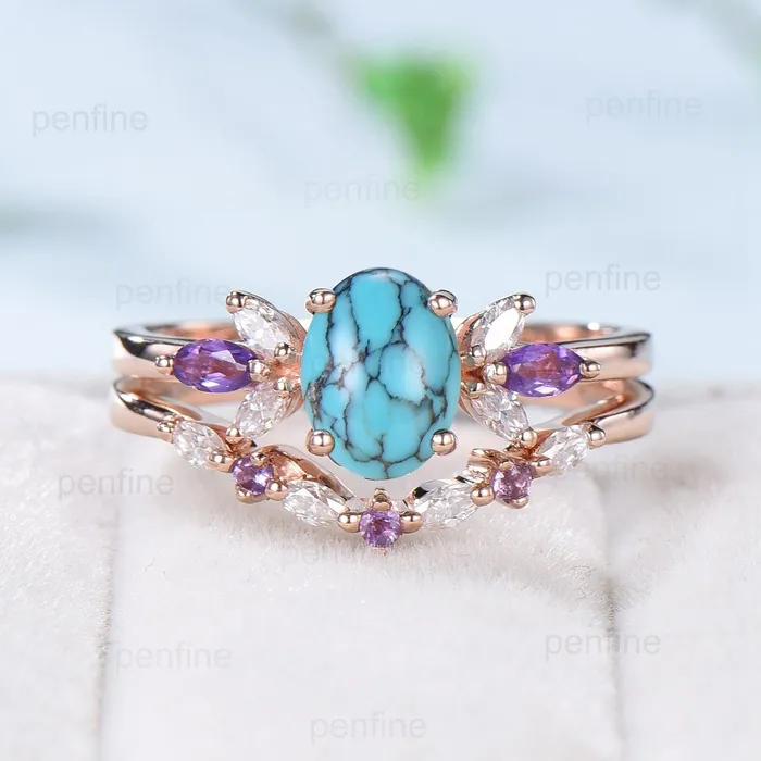 Vintage 15 CT oval turquoise engagement ring set retro marquise cut amethyst wedding ring art deco diamond moissanite stacking bridal set PENFINE Rings Vintage 15 CT oval turquoise engagement ring set retro marquise cut amethyst wedding ring art deco diamond moissanite stacking bridal set PENFINE Rings