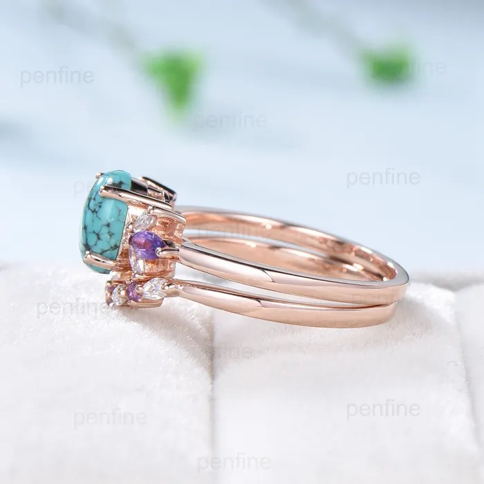 Vintage 15 CT oval turquoise engagement ring set retro marquise cut amethyst wedding ring art deco diamond moissanite stacking bridal set PENFINE Rings Vintage 15 CT oval turquoise engagement ring set retro marquise cut amethyst wedding ring art deco diamond moissanite stacking bridal set PENFINE Rings
