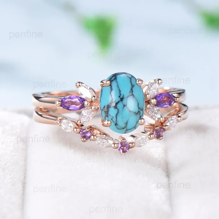 Vintage 15 CT oval turquoise engagement ring set retro marquise cut amethyst wedding ring art deco diamond moissanite stacking bridal set PENFINE Rings Vintage 15 CT oval turquoise engagement ring set retro marquise cut amethyst wedding ring art deco diamond moissanite stacking bridal set PENFINE Rings