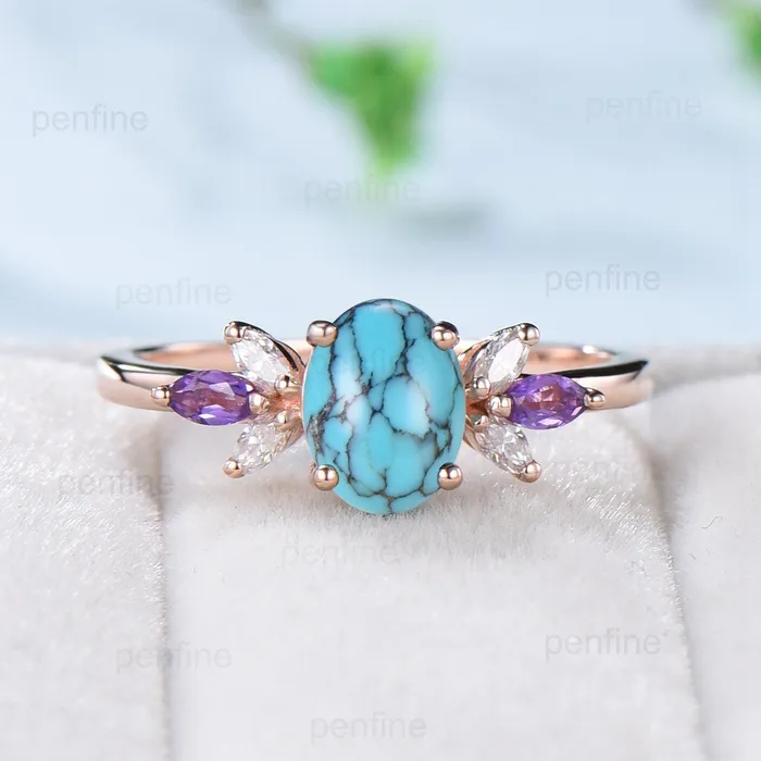 Vintage 15 CT oval turquoise engagement ring set retro marquise cut amethyst wedding ring art deco diamond moissanite stacking bridal set PENFINE Rings Vintage 15 CT oval turquoise engagement ring set retro marquise cut amethyst wedding ring art deco diamond moissanite stacking bridal set PENFINE Rings