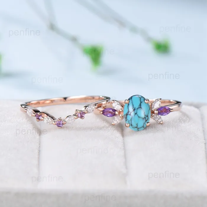 Vintage 15 CT oval turquoise engagement ring set retro marquise cut amethyst wedding ring art deco diamond moissanite stacking bridal set PENFINE Rings Vintage 15 CT oval turquoise engagement ring set retro marquise cut amethyst wedding ring art deco diamond moissanite stacking bridal set PENFINE Rings