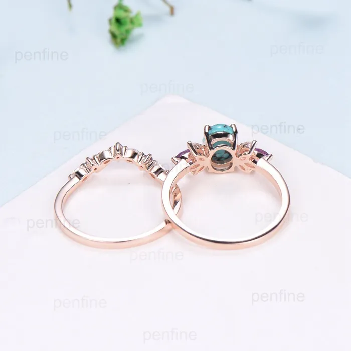 Vintage 15 CT oval turquoise engagement ring set retro marquise cut amethyst wedding ring art deco diamond moissanite stacking bridal set PENFINE Rings Vintage 15 CT oval turquoise engagement ring set retro marquise cut amethyst wedding ring art deco diamond moissanite stacking bridal set PENFINE Rings