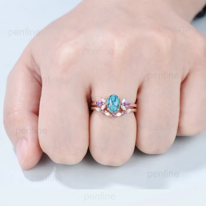 Vintage 15 CT oval turquoise engagement ring set retro marquise cut amethyst wedding ring art deco diamond moissanite stacking bridal set PENFINE Rings Vintage 15 CT oval turquoise engagement ring set retro marquise cut amethyst wedding ring art deco diamond moissanite stacking bridal set PENFINE Rings