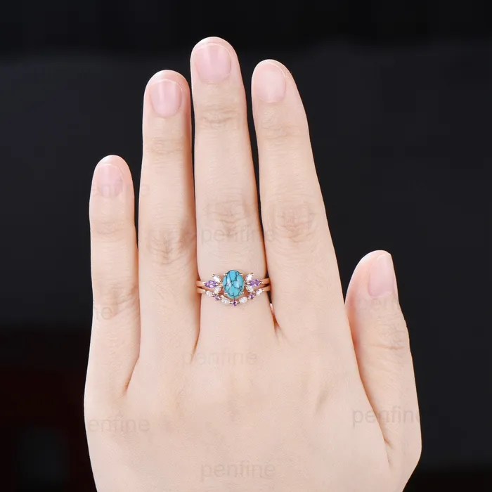 Vintage 15 CT oval turquoise engagement ring set retro marquise cut amethyst wedding ring art deco diamond moissanite stacking bridal set PENFINE Rings Vintage 15 CT oval turquoise engagement ring set retro marquise cut amethyst wedding ring art deco diamond moissanite stacking bridal set PENFINE Rings