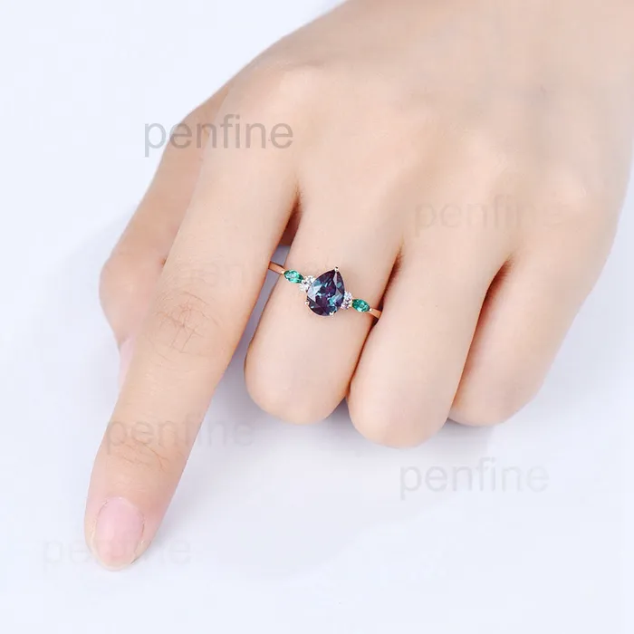 Vintage Pear Alexandrite Cluster Emerald Engagement Ring OHO1 PENFINE Rings Vintage Pear Alexandrite Cluster Emerald Engagement Ring OHO1 PENFINE Rings