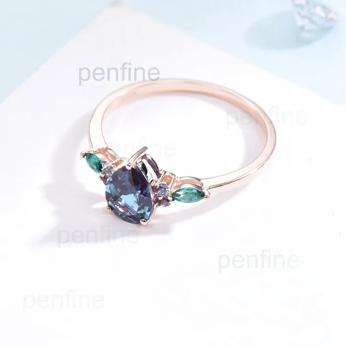 Vintage Pear Alexandrite Cluster Emerald Engagement Ring OHO1 PENFINE Rings Vintage Pear Alexandrite Cluster Emerald Engagement Ring OHO1 PENFINE Rings