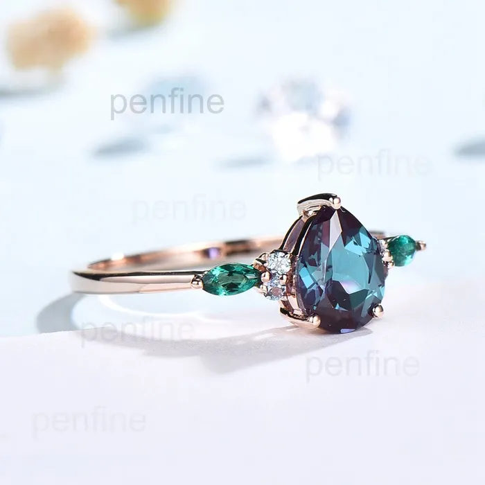 Vintage Pear Alexandrite Cluster Emerald Engagement Ring OHO1 PENFINE Rings Vintage Pear Alexandrite Cluster Emerald Engagement Ring OHO1 PENFINE Rings