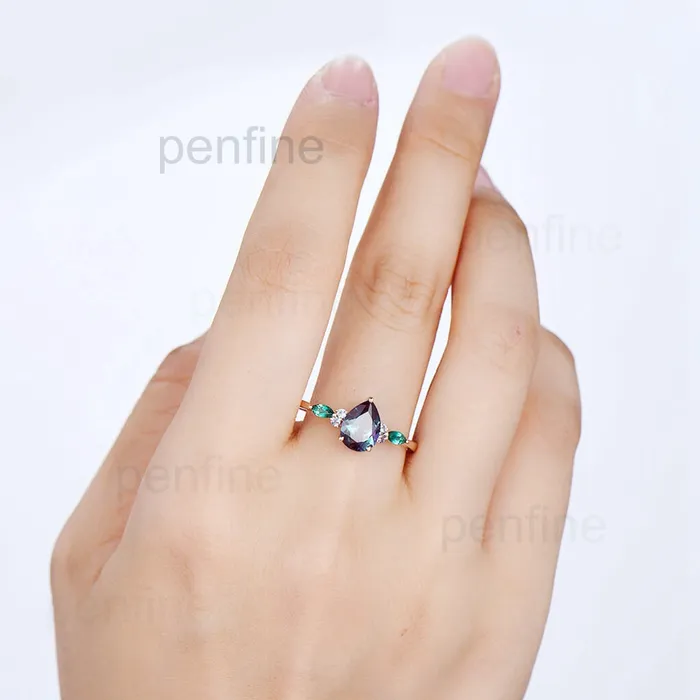 Vintage Pear Alexandrite Cluster Emerald Engagement Ring OHO1 PENFINE Rings Vintage Pear Alexandrite Cluster Emerald Engagement Ring OHO1 PENFINE Rings