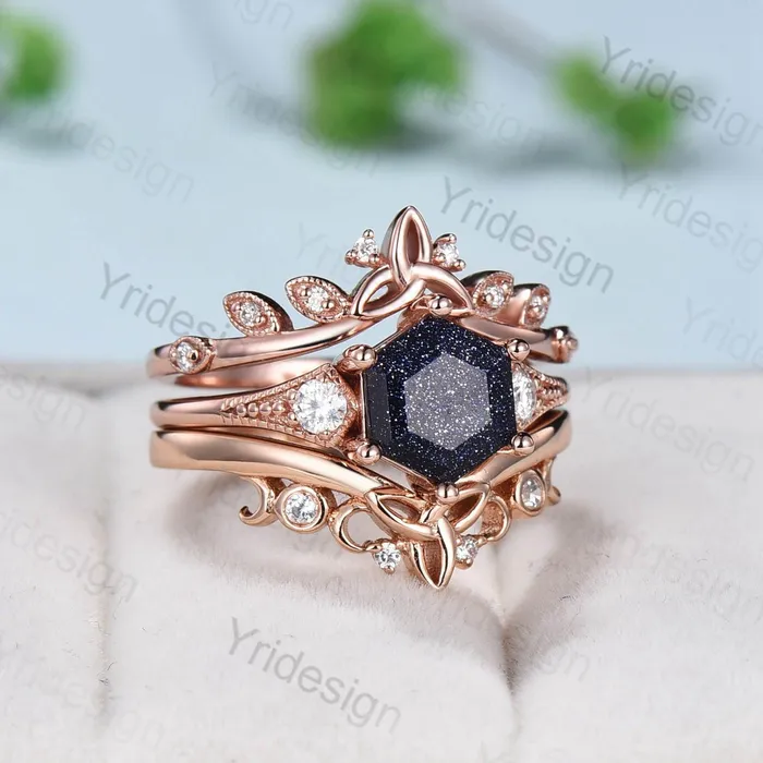 Vintage Retro Blue Sandstone Ring Set Silver Gold Engagement Ring Anniversary Gift For Her Rose Gold Hexagon Bridal Ring Set Proposal Gift PENFINE Rings Vintage Retro Blue Sandstone Ring Set Silver Gold Engagement Ring Anniversary Gift For Her Rose Gold Hexagon Bridal Ring Set Proposal Gift PENFINE Rings