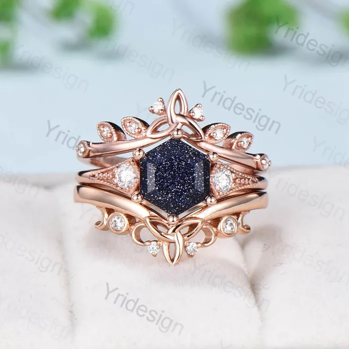 Vintage Retro Blue Sandstone Ring Set Silver Gold Engagement Ring Anniversary Gift For Her Rose Gold Hexagon Bridal Ring Set Proposal Gift PENFINE Rings Vintage Retro Blue Sandstone Ring Set Silver Gold Engagement Ring Anniversary Gift For Her Rose Gold Hexagon Bridal Ring Set Proposal Gift PENFINE Rings