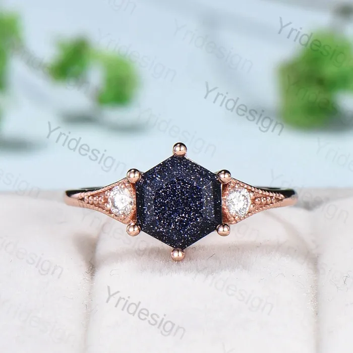 Vintage Retro Blue Sandstone Ring Set Silver Gold Engagement Ring Anniversary Gift For Her Rose Gold Hexagon Bridal Ring Set Proposal Gift PENFINE Rings Vintage Retro Blue Sandstone Ring Set Silver Gold Engagement Ring Anniversary Gift For Her Rose Gold Hexagon Bridal Ring Set Proposal Gift PENFINE Rings
