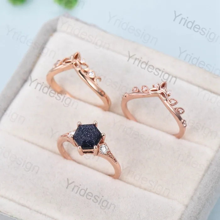 Vintage Retro Blue Sandstone Ring Set Silver Gold Engagement Ring Anniversary Gift For Her Rose Gold Hexagon Bridal Ring Set Proposal Gift PENFINE Rings Vintage Retro Blue Sandstone Ring Set Silver Gold Engagement Ring Anniversary Gift For Her Rose Gold Hexagon Bridal Ring Set Proposal Gift PENFINE Rings