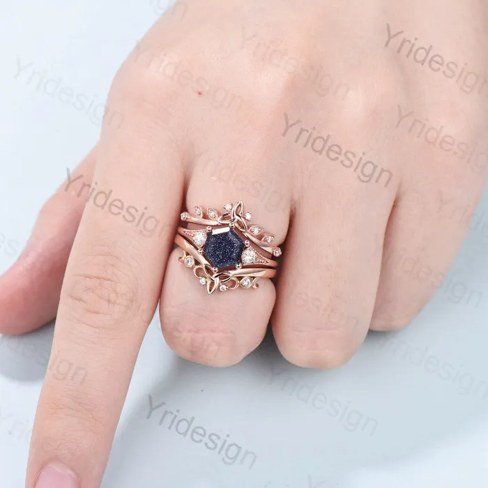 Vintage Retro Blue Sandstone Ring Set Silver Gold Engagement Ring Anniversary Gift For Her Rose Gold Hexagon Bridal Ring Set Proposal Gift PENFINE Rings Vintage Retro Blue Sandstone Ring Set Silver Gold Engagement Ring Anniversary Gift For Her Rose Gold Hexagon Bridal Ring Set Proposal Gift PENFINE Rings