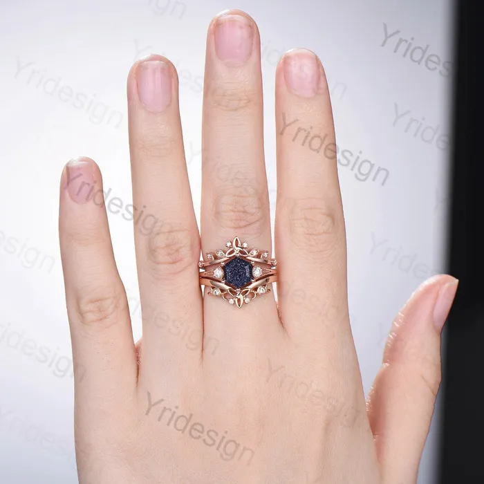 Vintage Retro Blue Sandstone Ring Set Silver Gold Engagement Ring Anniversary Gift For Her Rose Gold Hexagon Bridal Ring Set Proposal Gift PENFINE Rings Vintage Retro Blue Sandstone Ring Set Silver Gold Engagement Ring Anniversary Gift For Her Rose Gold Hexagon Bridal Ring Set Proposal Gift PENFINE Rings