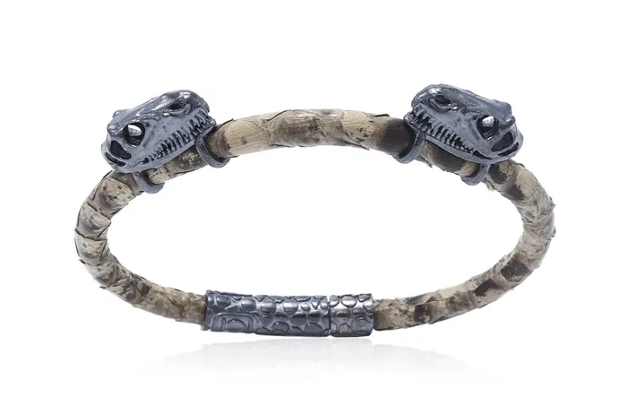 Albert Hern Bracelets Bracelet LivingSkull Men Python Leather Two Silver TRex Skulls