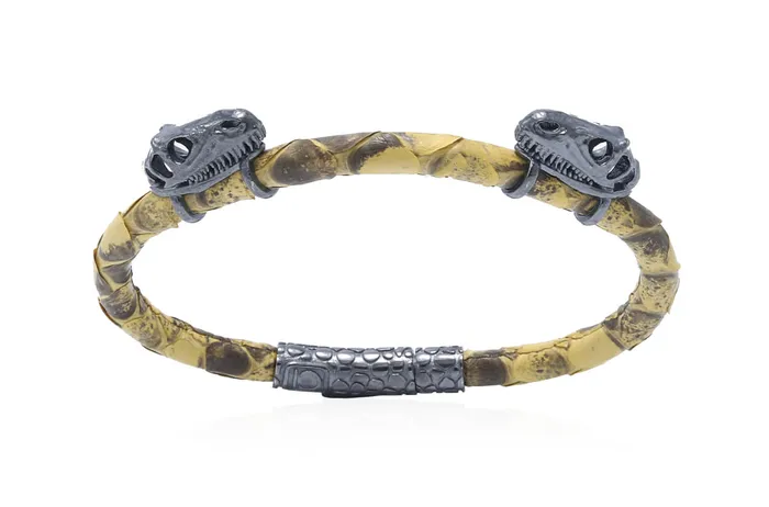 Albert Hern Bracelets Bracelet LivingSkull Men Python Leather Two Silver TRex Skulls