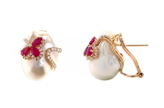 Albert Hern Earrings Earrings 18kt Gold Baroque Pearls with Rubies Diamonds Flowers