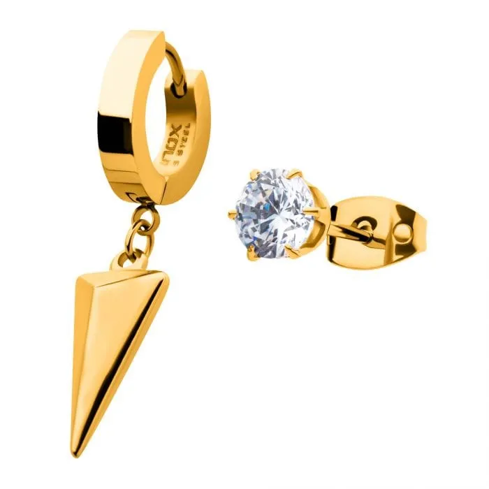Earrings 18K Gold Plated Stainless Steel Dangling Spike Bali and Prong Set CZ Stud Mismatched Earrings INOX JEWELRY