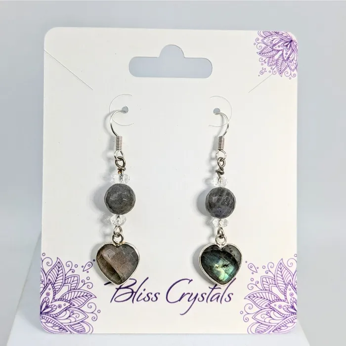 Earrings Labradorite Clear Quartz 12 Heart Bead Earrings LV5881 Bliss Crystals