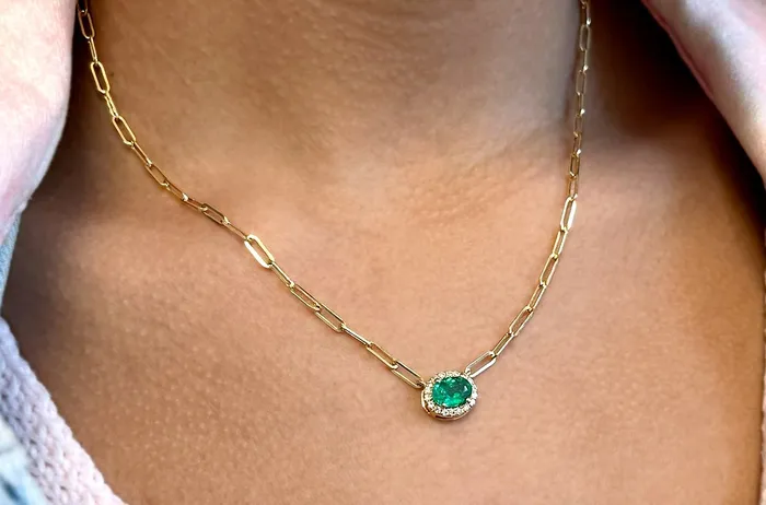 Necklaces Albert Hern Necklace 14kt Gold Paper Clip Chain Oval Emerald Diamonds Halo Necklaces Albert Hern Necklace 14kt Gold Paper Clip Chain Oval Emerald Diamonds Halo