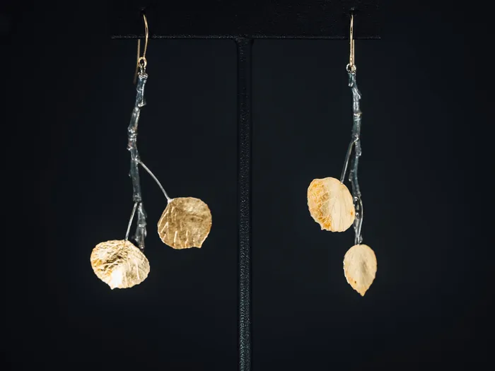 Oxidized Sterling Silver and 14k Yellow Gold Leaf and Branch Earrings Earth Terra Erde Inc Earrings
