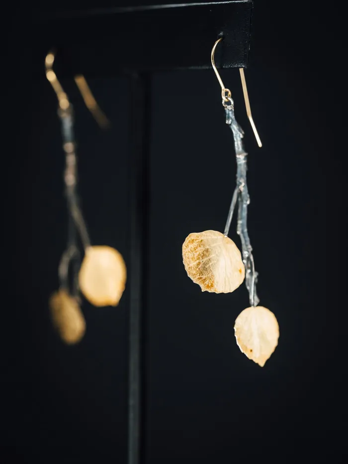 Oxidized Sterling Silver and 14k Yellow Gold Leaf and Branch Earrings Earth Terra Erde Inc Earrings