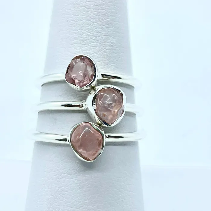 Rings Bliss Crystals Rose Quartz Natural Dainty Stackable Sterling Silver Ring J022 Rings Bliss Crystals Rose Quartz Natural Dainty Stackable Sterling Silver Ring J022