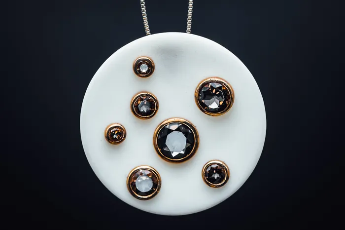 White Ceramic Sterling Silver Rose Gold Plated Smokey Quartz Pendant Breuning Necklaces White Ceramic Sterling Silver Rose Gold Plated Smokey Quartz Pendant Breuning Necklaces