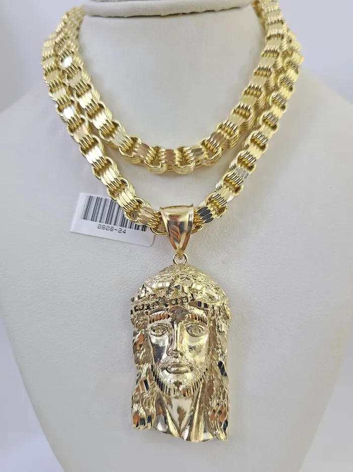 10k Gold Byzantine Necklace Jesus Head Charm 2030 inches 6mm SET Chain Pendant Gold and Diamond Necklaces