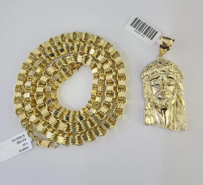 10k Gold Byzantine Necklace Jesus Head Charm 2030 inches 6mm SET Chain Pendant Gold and Diamond Necklaces