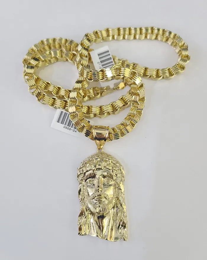 10k Gold Byzantine Necklace Jesus Head Charm 2030 inches 6mm SET Chain Pendant Gold and Diamond Necklaces