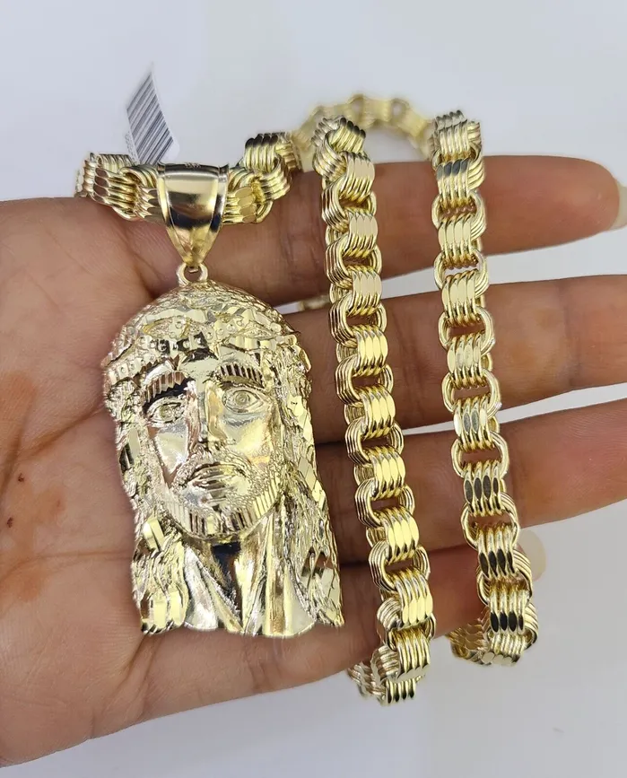 10k Gold Byzantine Necklace Jesus Head Charm 2030 inches 6mm SET Chain Pendant Gold and Diamond Necklaces
