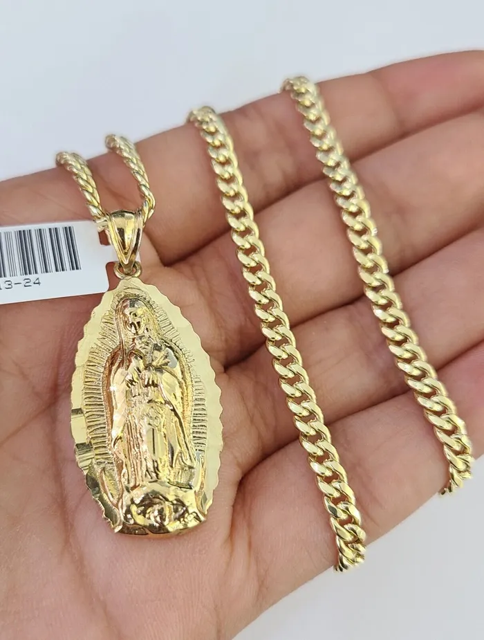 10k Miami Cuban Chain Virgin Mary Charm Set 4mm 1828 Necklace Yellow Gold Gold and Diamond Necklaces 10k Miami Cuban Chain Virgin Mary Charm Set 4mm 1828 Necklace Yellow Gold Gold and Diamond Necklaces