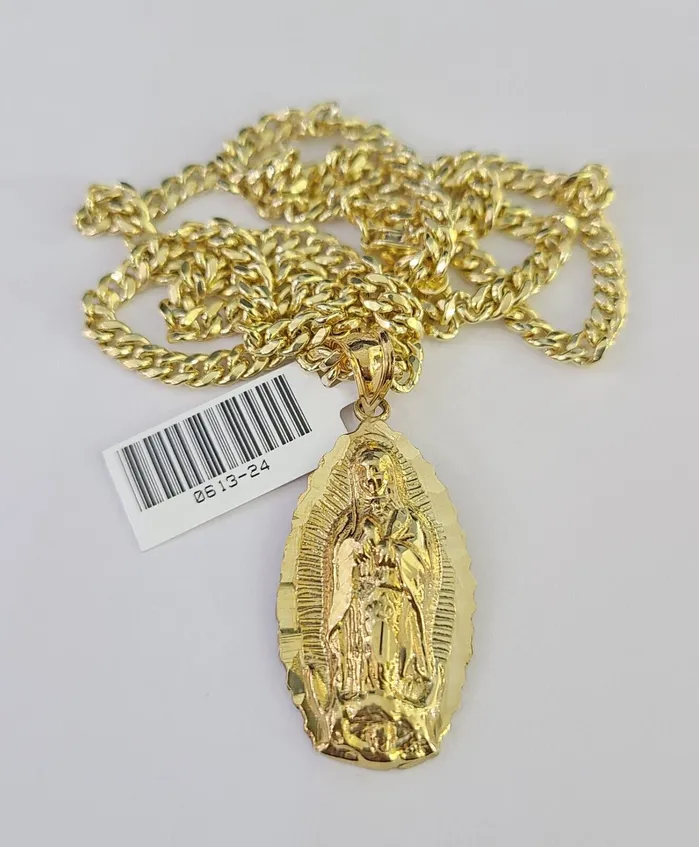 10k Miami Cuban Chain Virgin Mary Charm Set 4mm 1828 Necklace Yellow Gold Gold and Diamond Necklaces