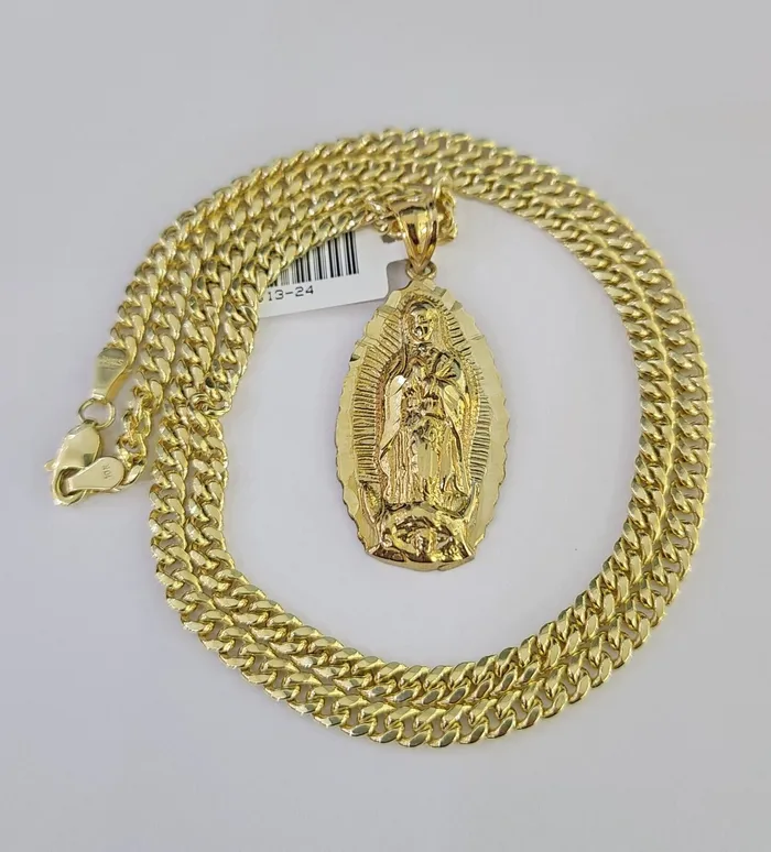 10k Miami Cuban Chain Virgin Mary Charm Set 4mm 1828 Necklace Yellow Gold Gold and Diamond Necklaces