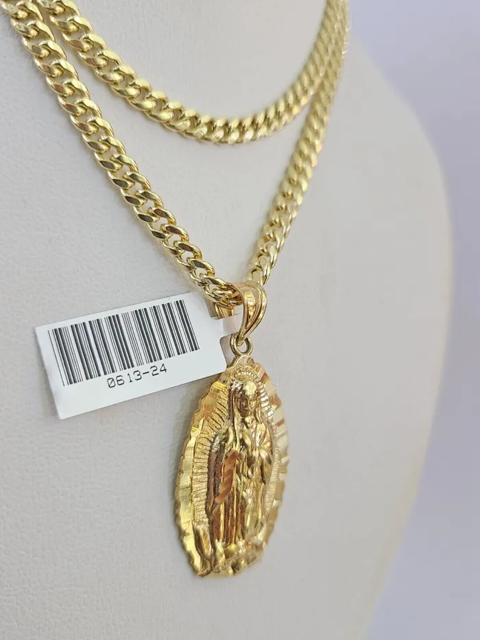 10k Miami Cuban Chain Virgin Mary Charm Set 4mm 1828 Necklace Yellow Gold Gold and Diamond Necklaces