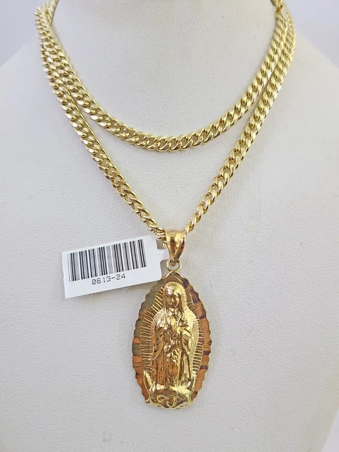 10k Miami Cuban Chain Virgin Mary Charm Set 4mm 1828 Necklace Yellow Gold Gold and Diamond Necklaces