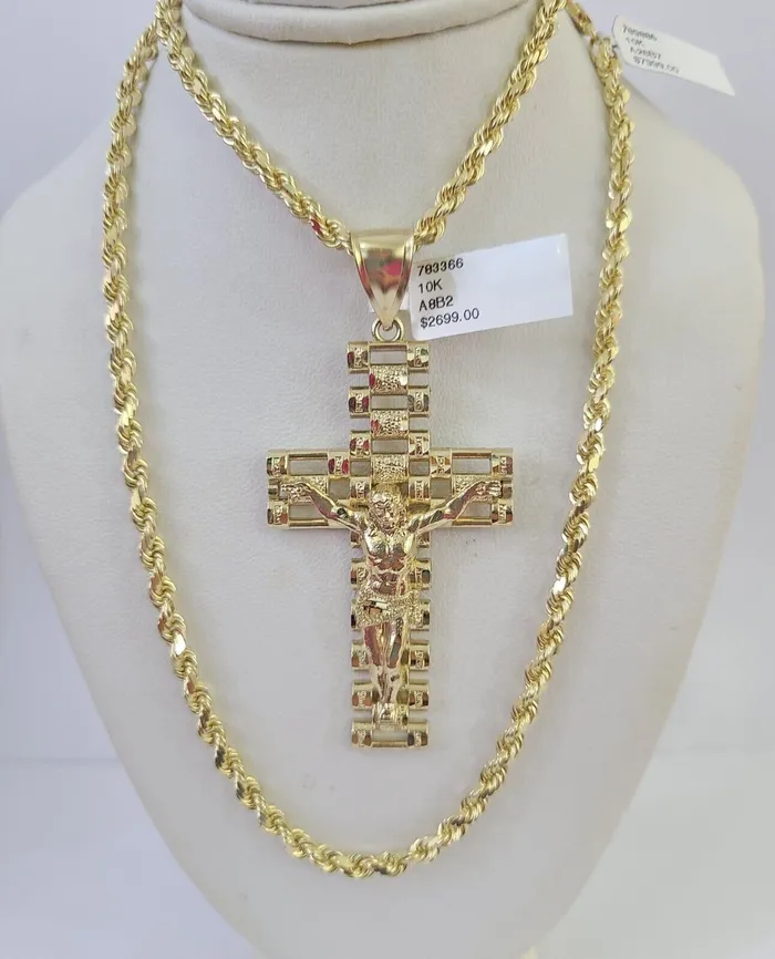 10k Solid Rope Chain Jesus Cross Charm Set 4mm 2028 Necklace Gold Yellow globalwatches10 Necklaces 10k Solid Rope Chain Jesus Cross Charm Set 4mm 2028 Necklace Gold Yellow globalwatches10 Necklaces