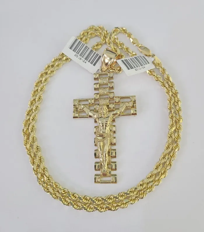 10k Solid Rope Chain Jesus Cross Charm Set 4mm 2028 Necklace Gold Yellow globalwatches10 Necklaces