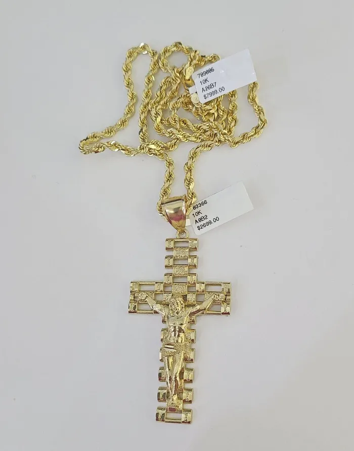 10k Solid Rope Chain Jesus Cross Charm Set 4mm 2028 Necklace Gold Yellow globalwatches10 Necklaces