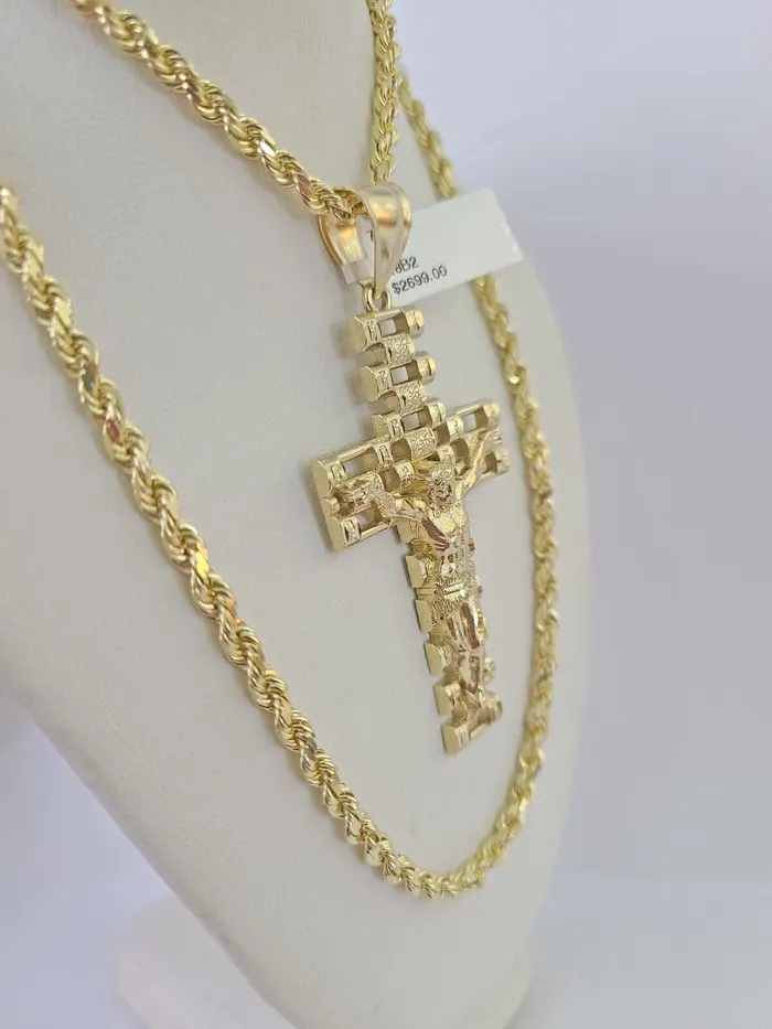 10k Solid Rope Chain Jesus Cross Charm Set 4mm 2028 Necklace Gold Yellow globalwatches10 Necklaces