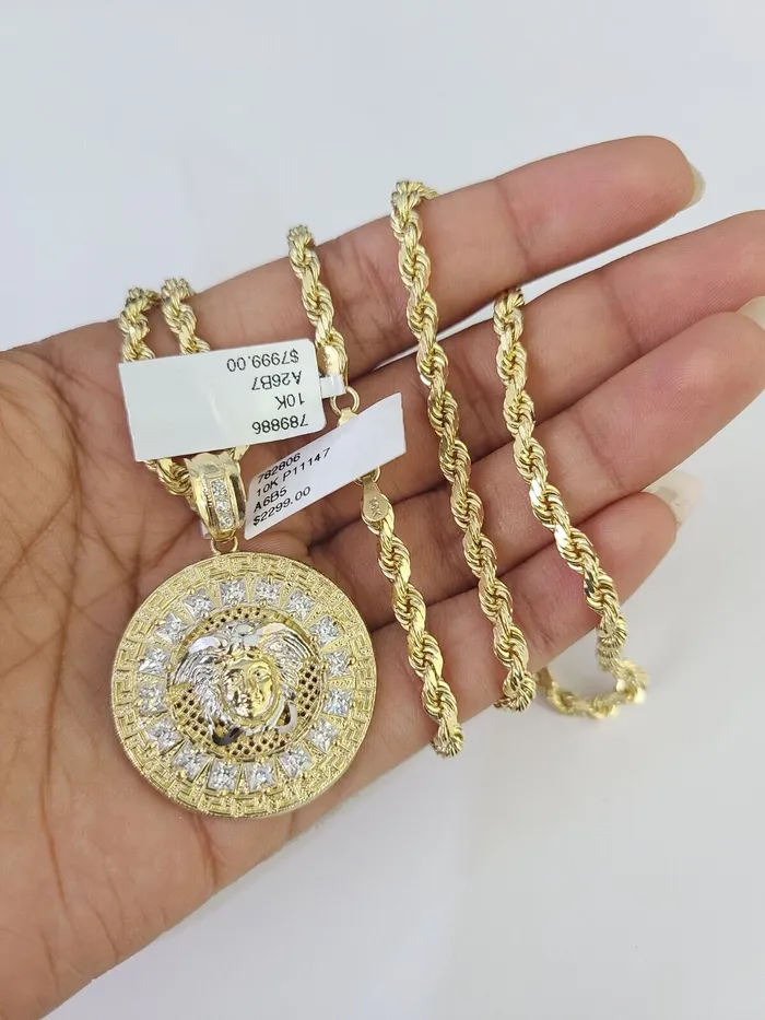10k Solid Rope Chain Medusa Circular Charm Set 4mm 2028 Necklace Gold Yellow Globalwatches10 Necklaces
