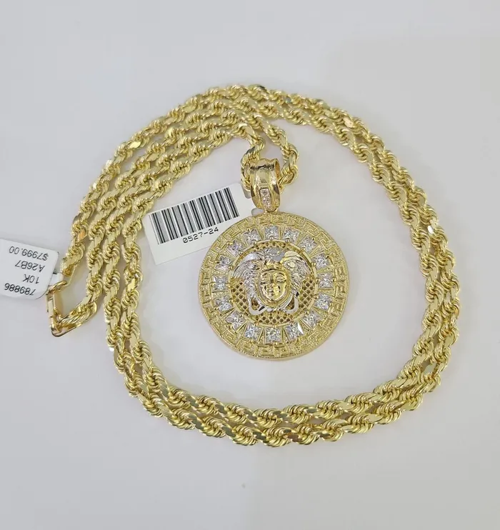 10k Solid Rope Chain Medusa Circular Charm Set 4mm 2028 Necklace Gold Yellow Globalwatches10 Necklaces